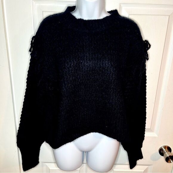 Treasure & Bond Balloon Sleeve Mixed Stitch Fringe Sweater Crew Black S NWT - Picture 5 of 12